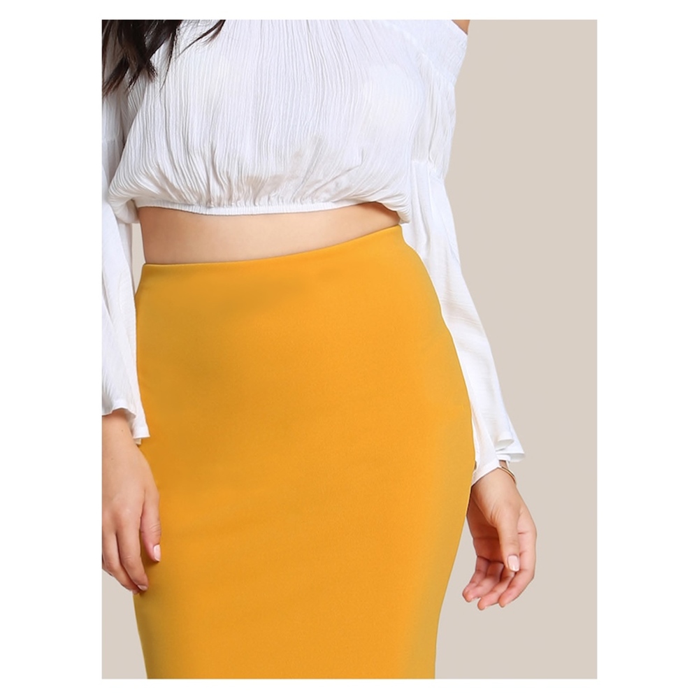 Yellow Ruffle Hem Bodycon Midi Pencil Skirt - Picture 4 of 5